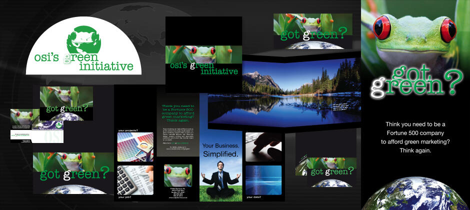 Trade show collateral for Output Services, Inc.'s Green Initiative campaign included logo design, campaign booklet, direct mail post card, small brochure, large brochure, trade show banner, and flyer.