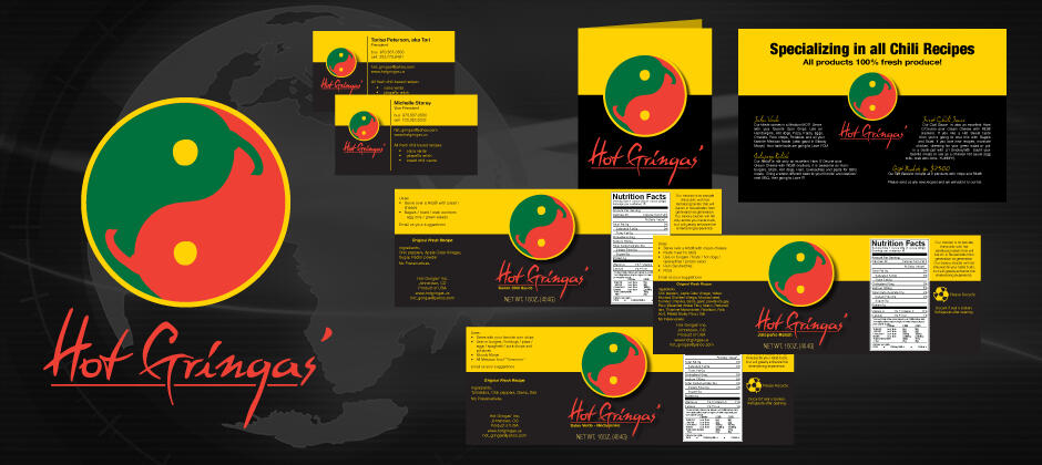 Hot Gringas' packaging design included logo, business cards, products labels, and brochure.